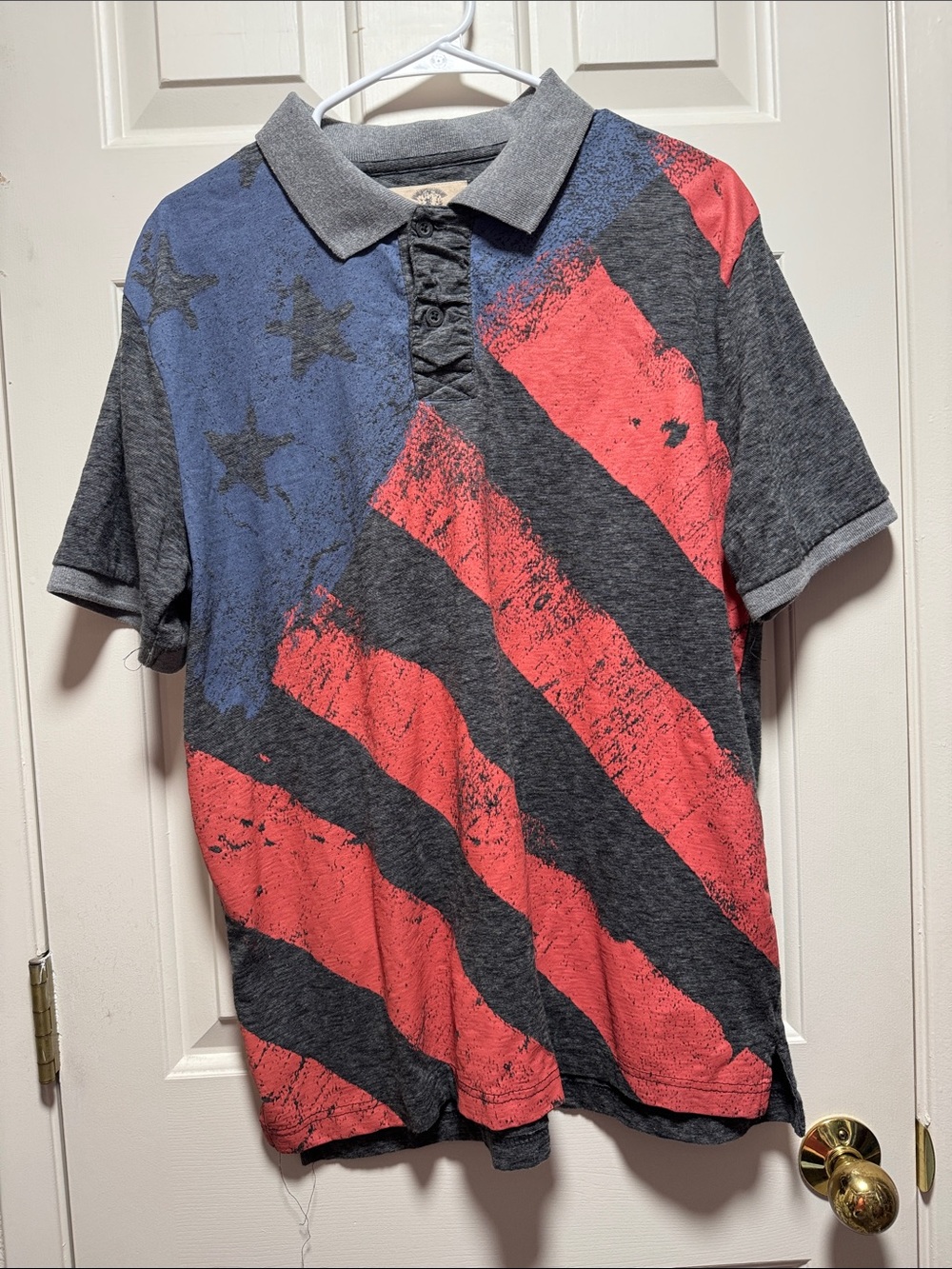 Roebuck & Sears Vintage Men's Flag-Print Polo Shirt - Gray, Red, Blue